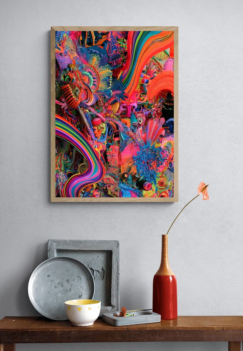 Neon Kaleidoscope Abstract Poster. — room view 3
