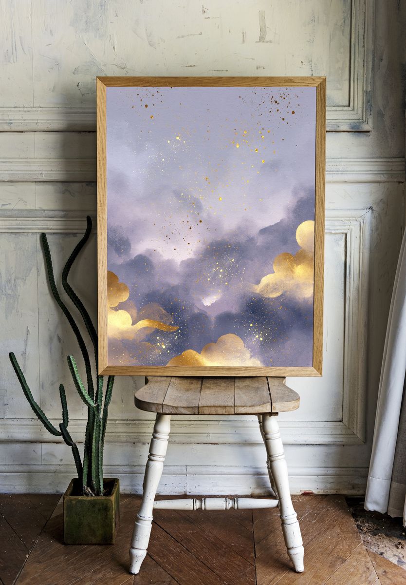 Golden Cloudscape Abstract Print. room preview