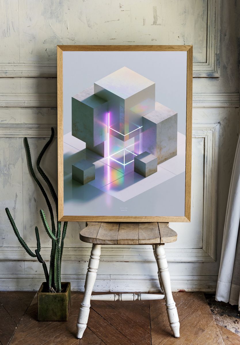 Neon Cubes Abstract Poster. — room view 1