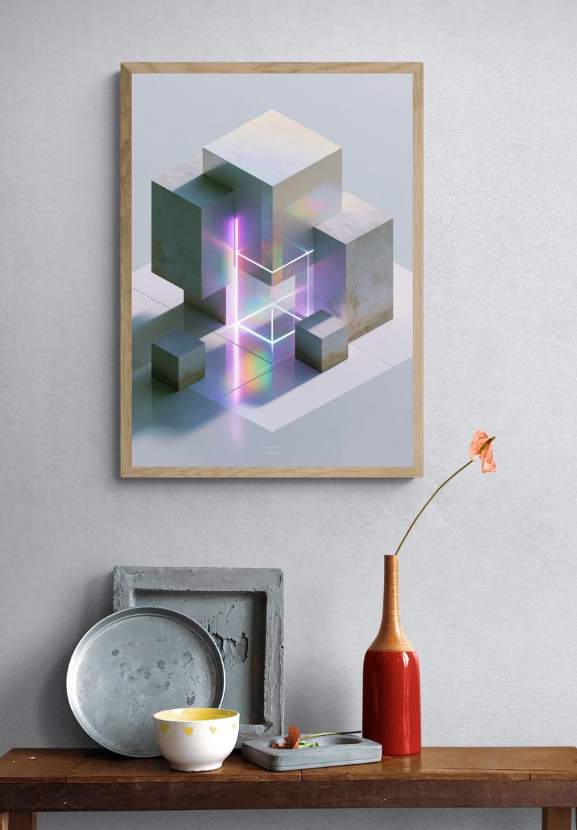 Neon Cubes Abstract Poster. — room view 3