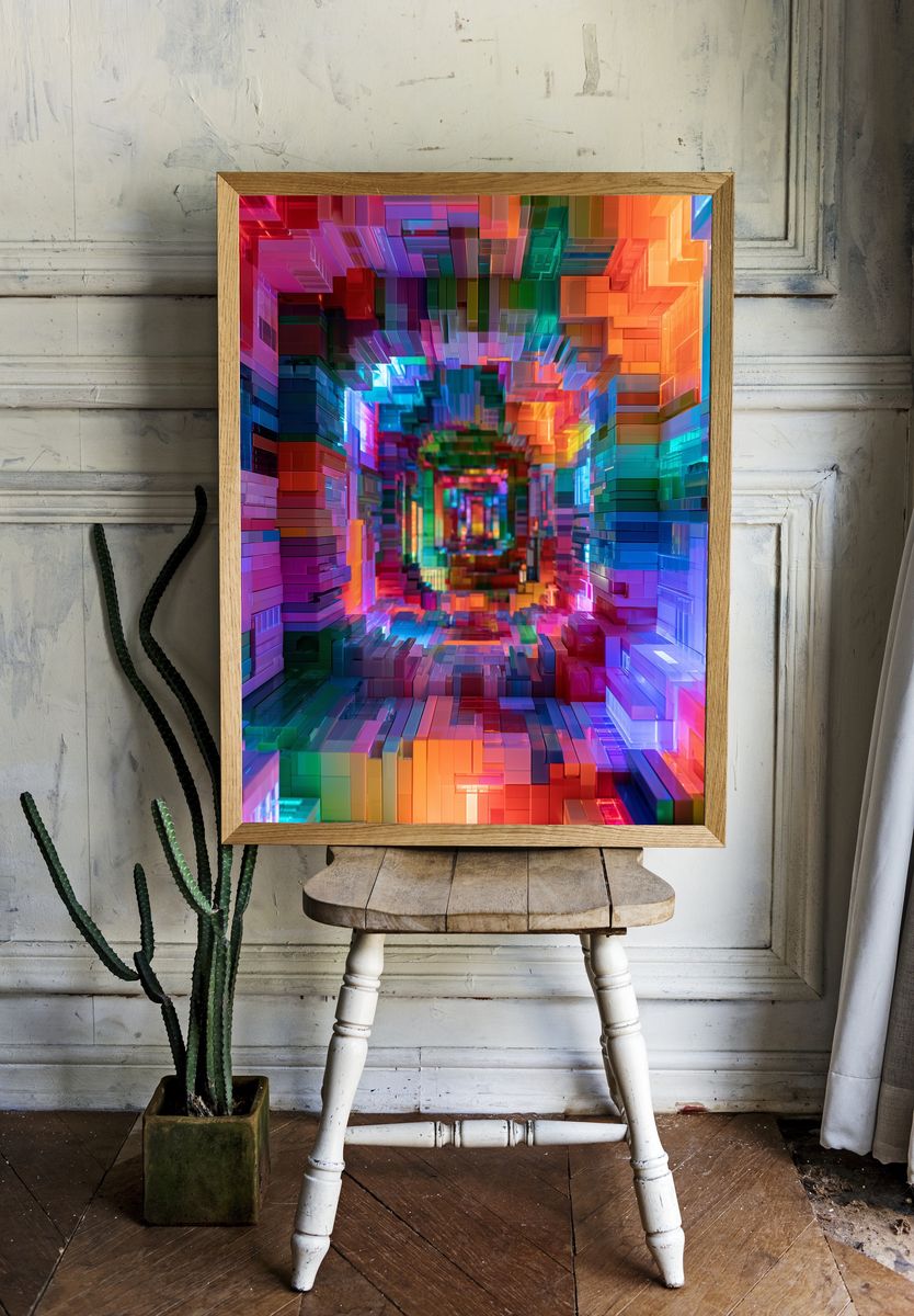 Neon Prism Tunnel Abstract Poster. room preview
