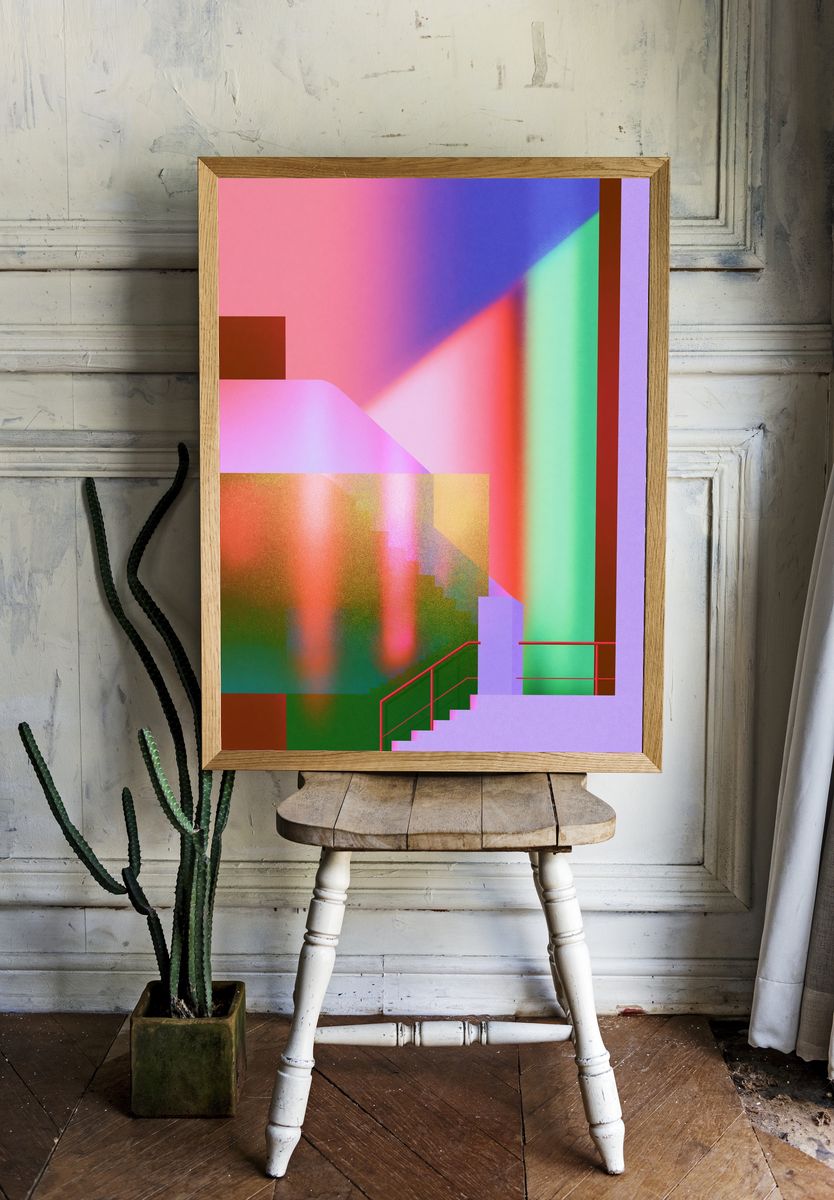 Neon Stairway Abstract Poster. room preview