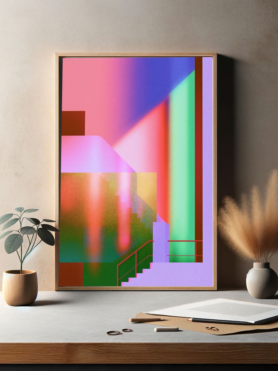 Neon Stairway Abstract Poster. — room view 2