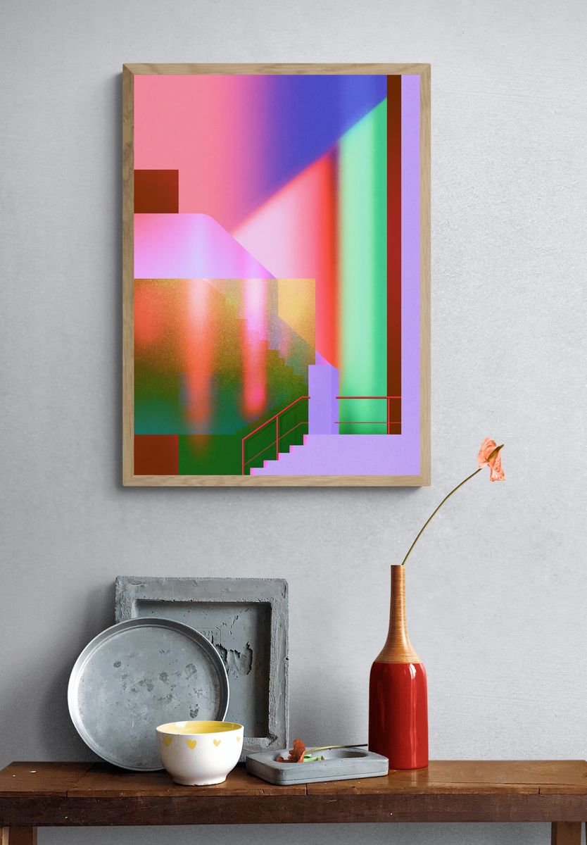 Neon Stairway Abstract Poster. — room view 3