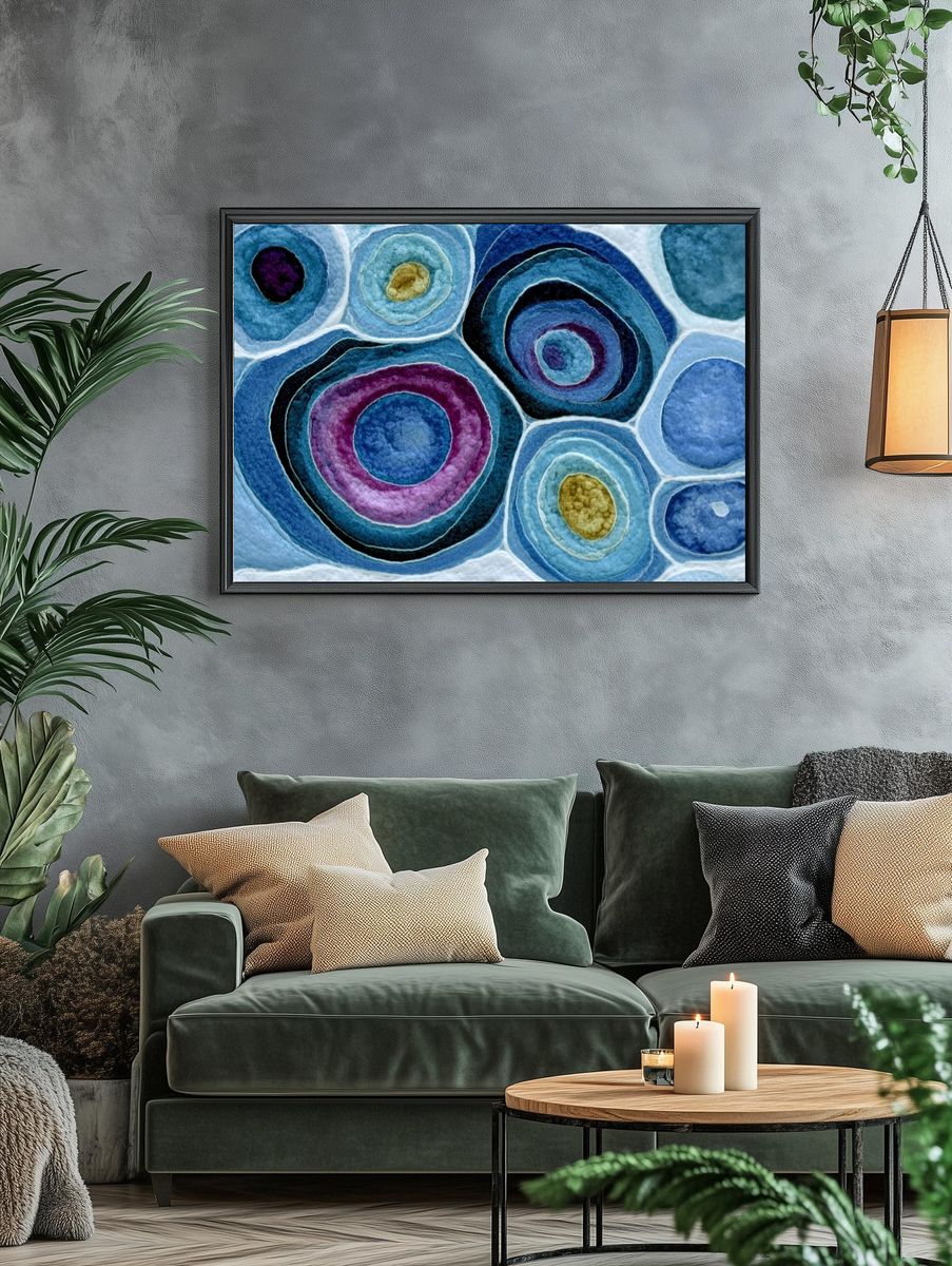 Blue Concentric Circles Abstract Poster. — room view 4