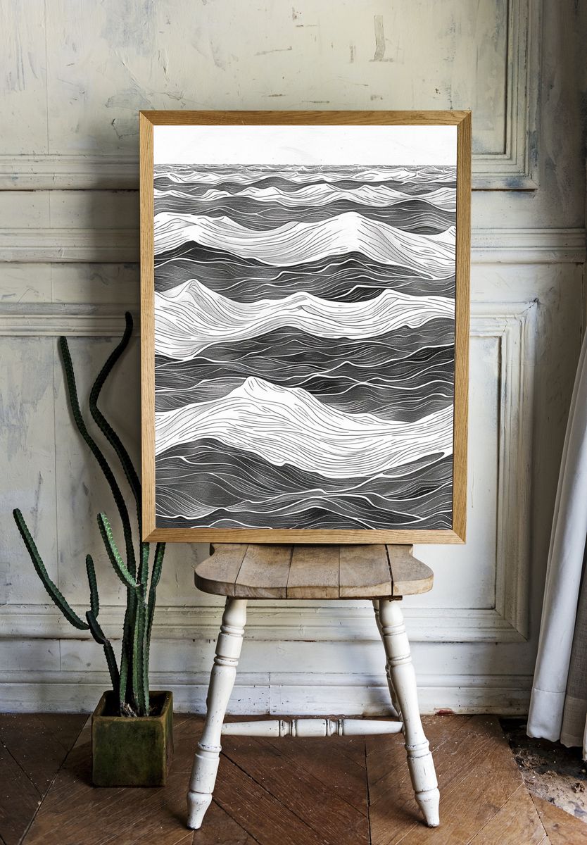 Wavy Monochrome Landscape Print. — room view 1