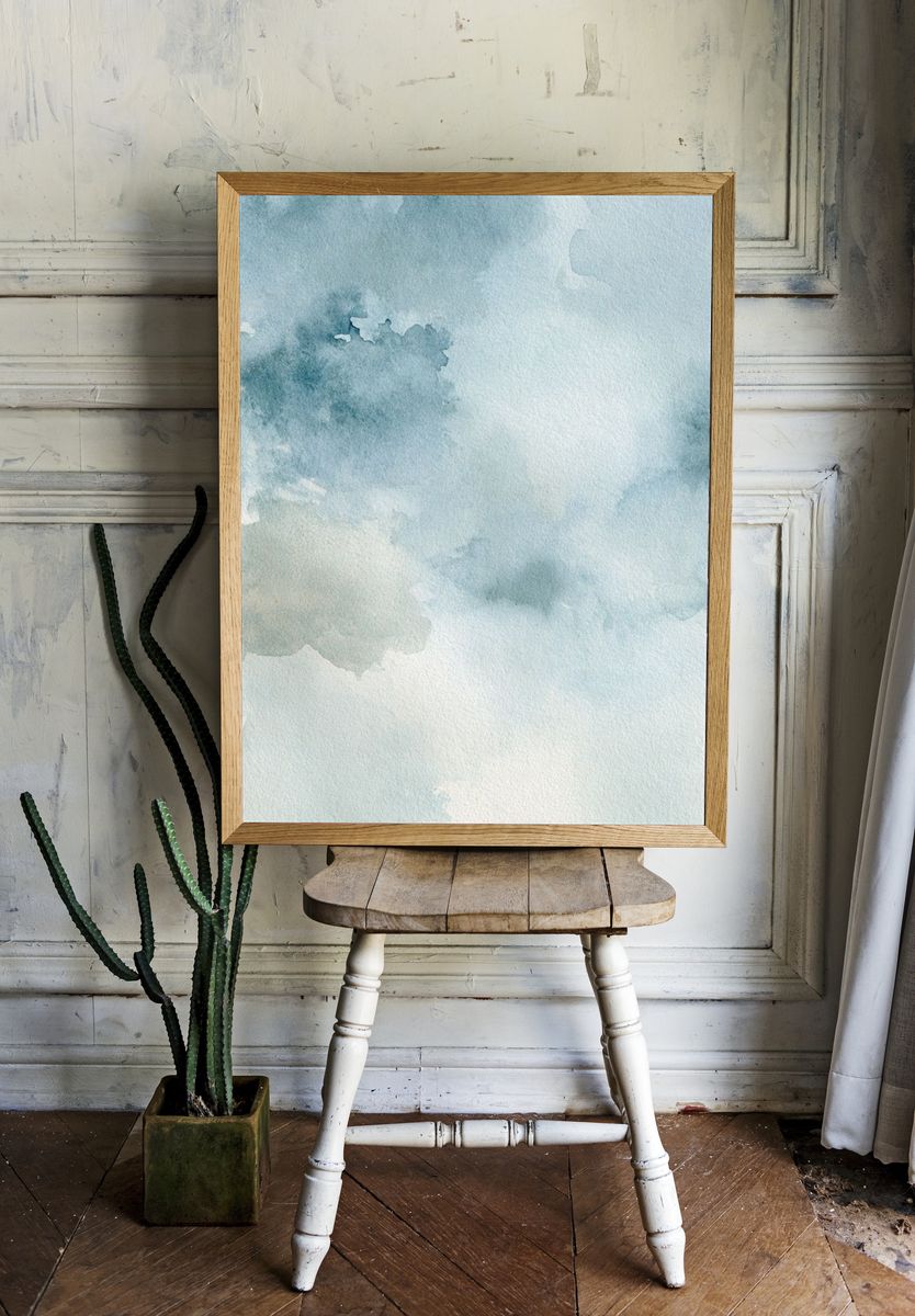 Soft Blue Watercolor Clouds Poster. — room view 1