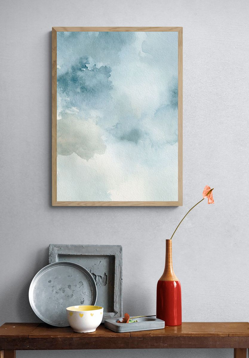 Soft Blue Watercolor Clouds Poster. — room view 3