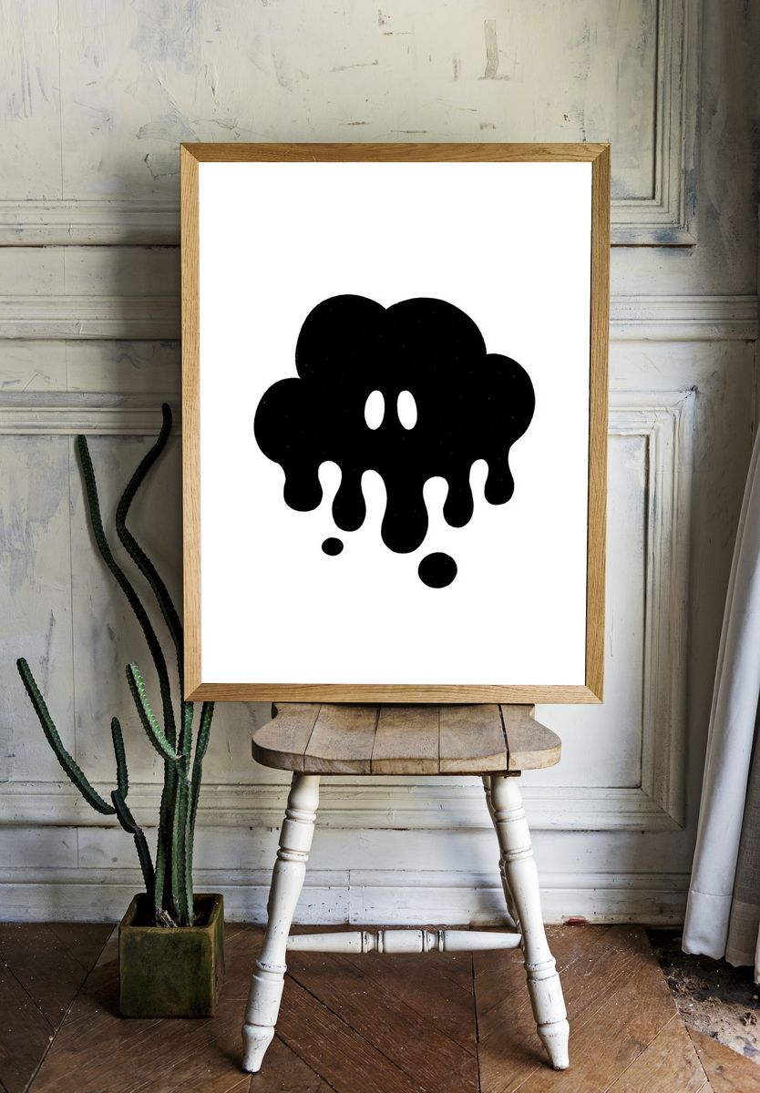 Melting Black Blob Minimalist Print. room preview