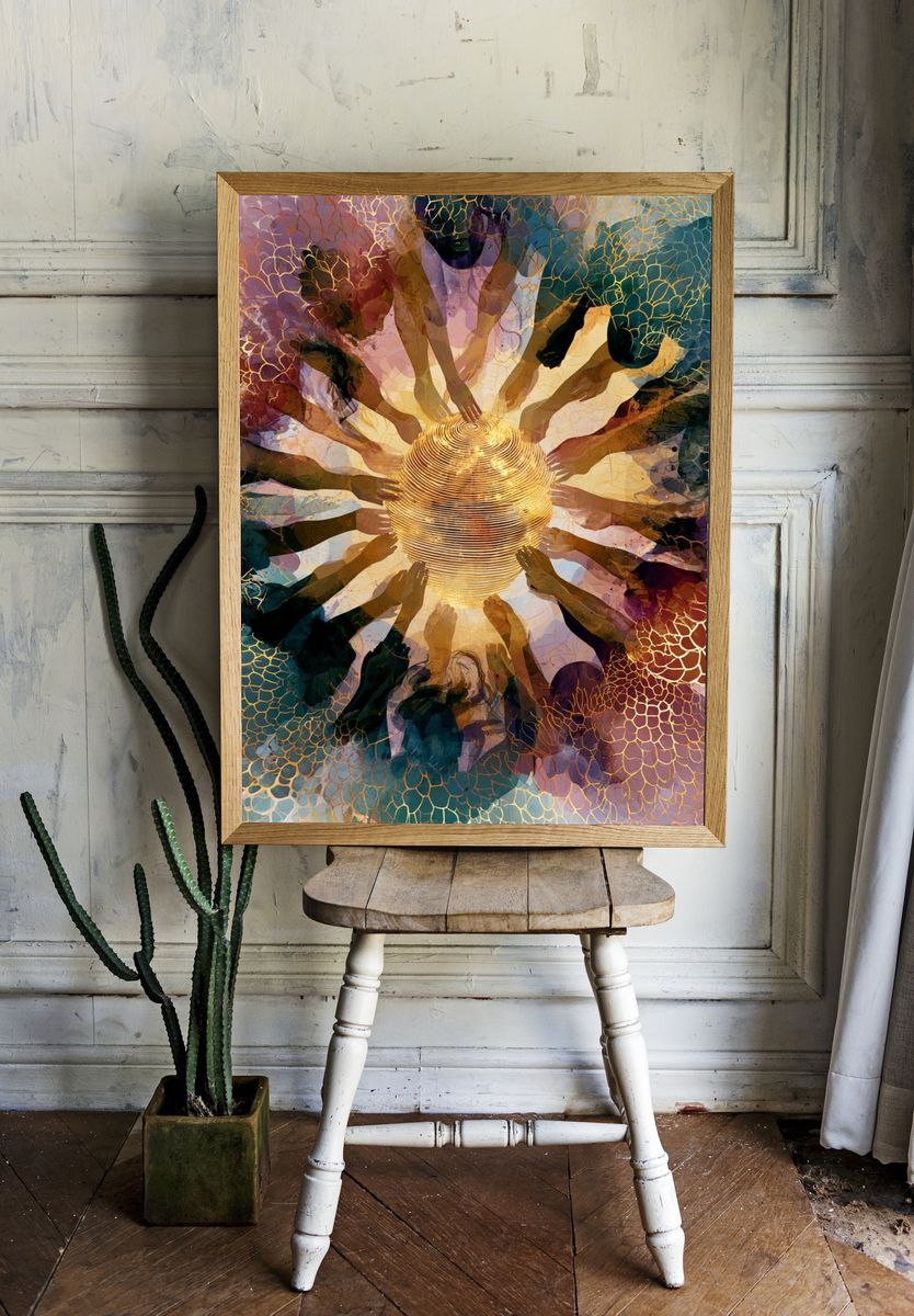 Radiant Circle of Hands Abstract Print. — room view 1