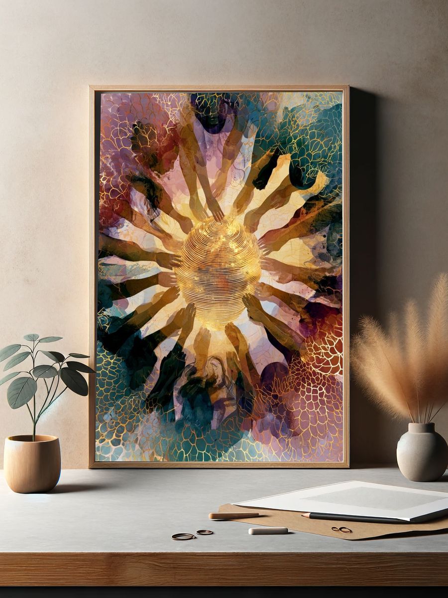 Radiant Circle of Hands Abstract Print. — room view 2