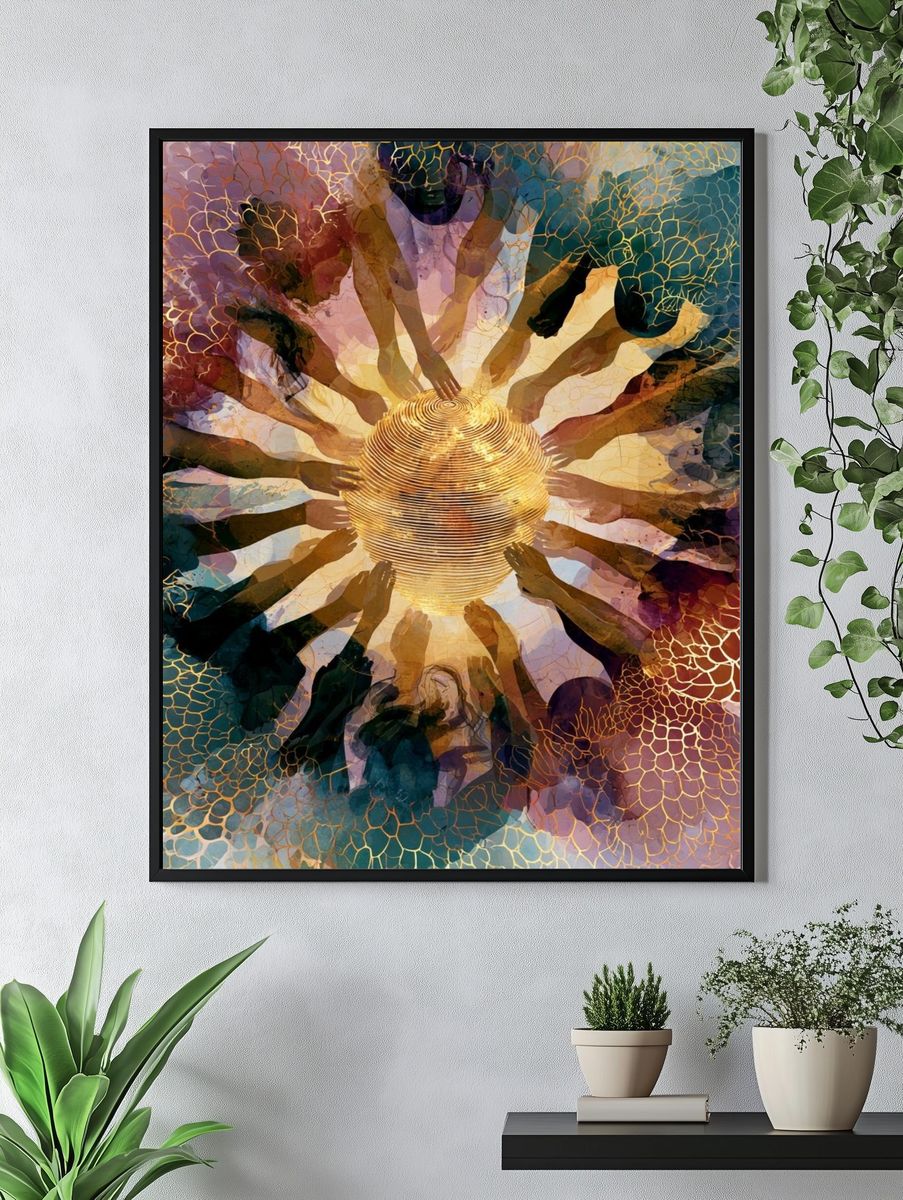 Radiant Circle of Hands Abstract Print. — room view 4