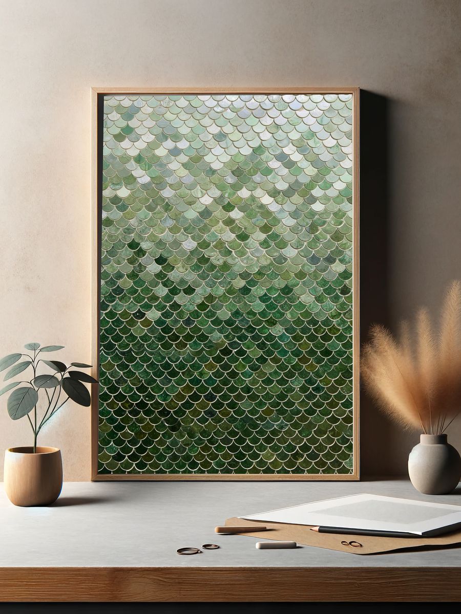 Green Scallop Mosaic Abstract Print. — room view 2