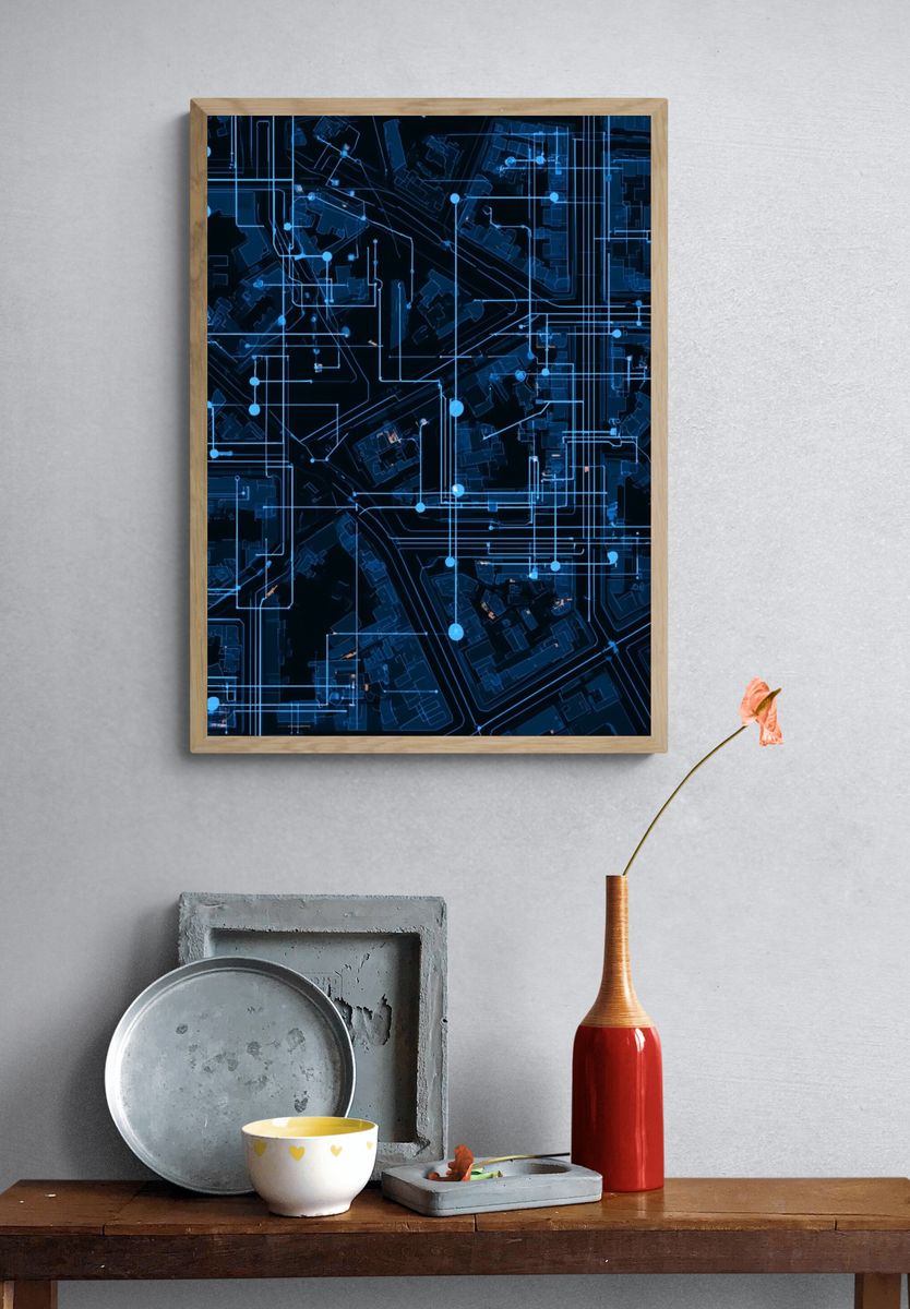 Neon Circuit Grid Abstract Poster. — room view 3