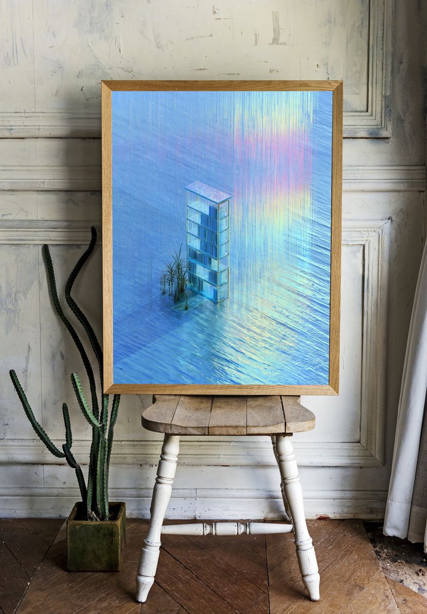 Dreamlike Glass Tower Abstract Print. room preview