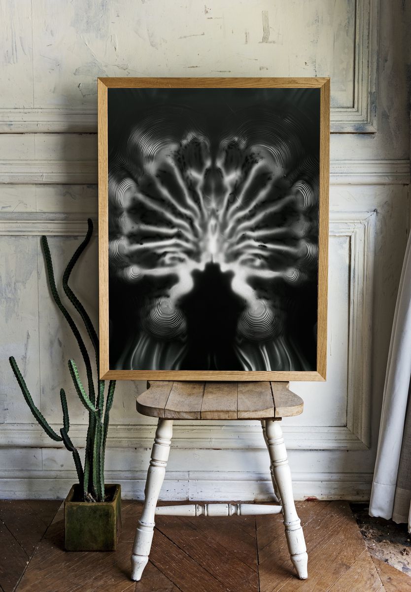 Monochrome Neural Bloom Abstract Print. — room view 1
