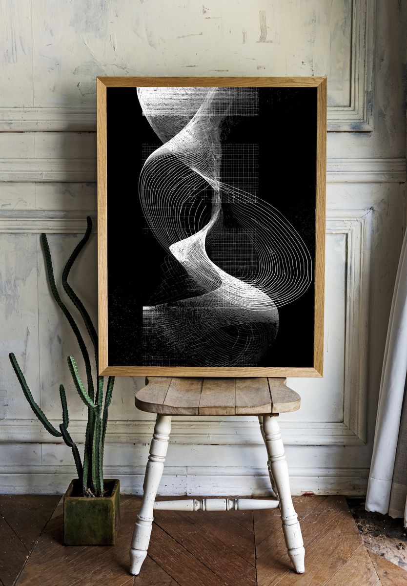 Monochrome Spiral Grid Abstract Poster. — room view 1