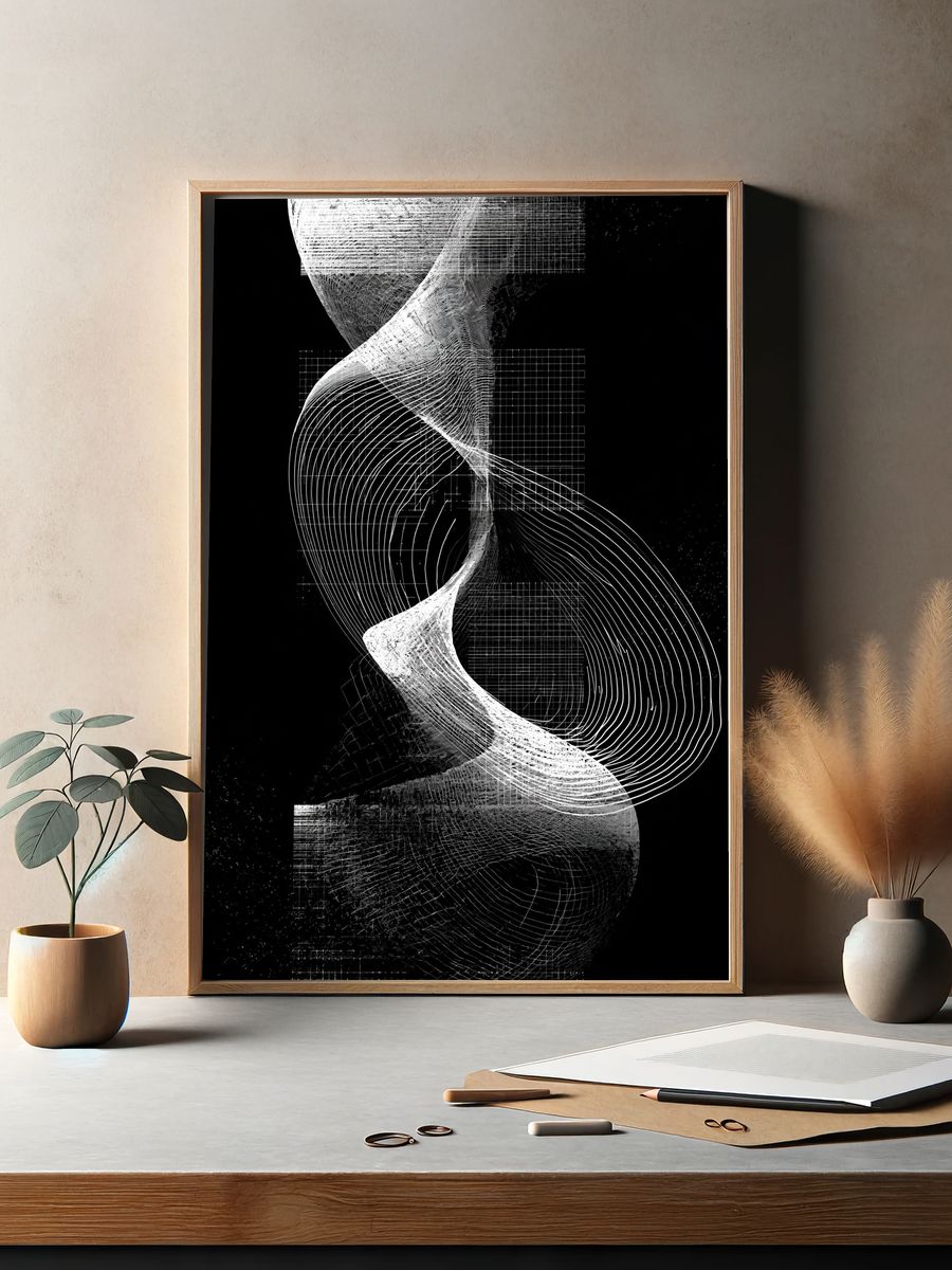 Monochrome Spiral Grid Abstract Poster. — room view 2