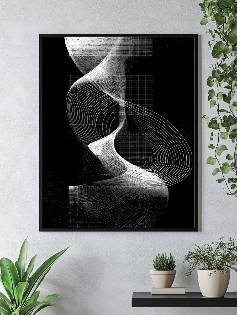Monochrome Spiral Grid Abstract Poster. — room view 4