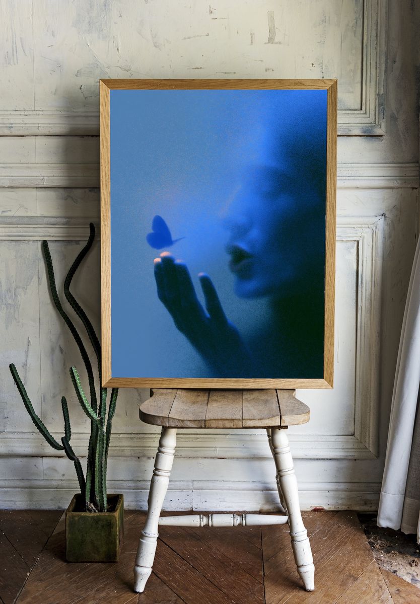 Blue Butterfly Silhouette Abstract Print. — room view 1
