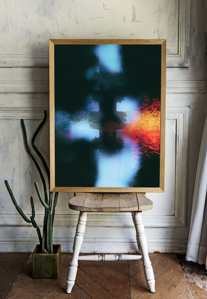 Neon Circuit Cross Abstract Poster. — room view 1