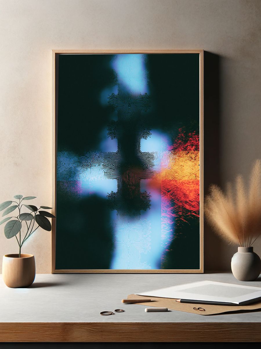 Neon Circuit Cross Abstract Poster. — room view 2
