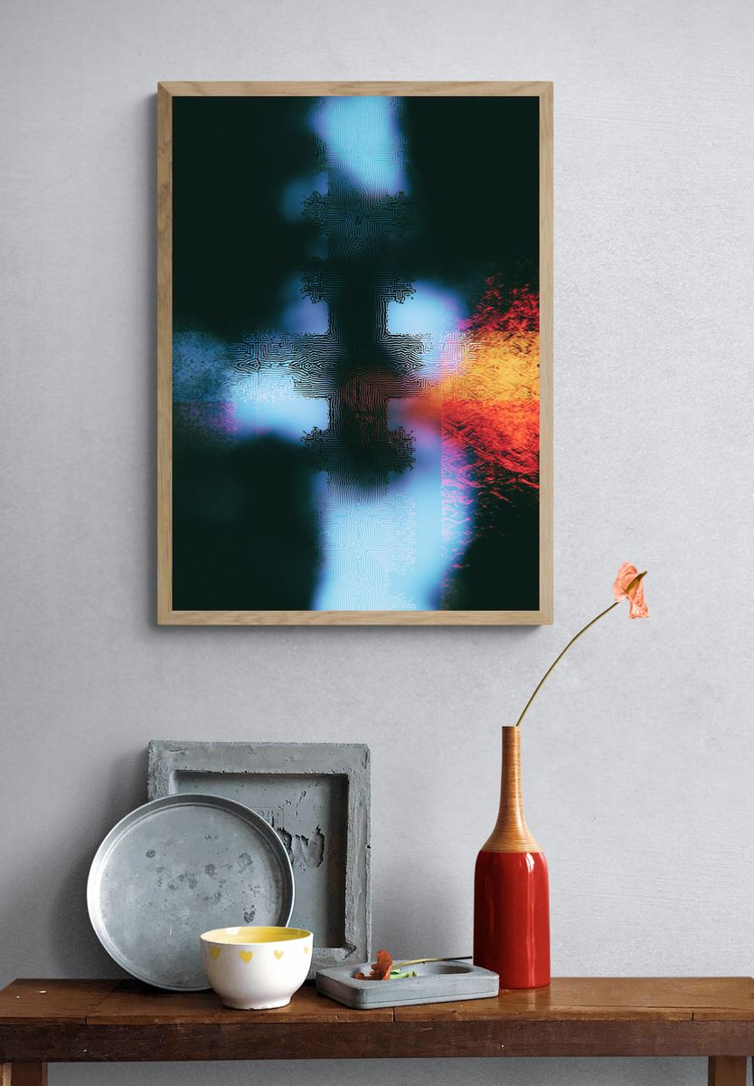 Neon Circuit Cross Abstract Poster. — room view 3