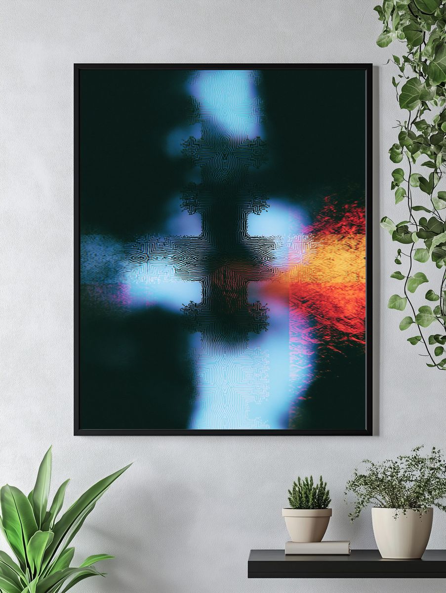 Neon Circuit Cross Abstract Poster. — room view 4