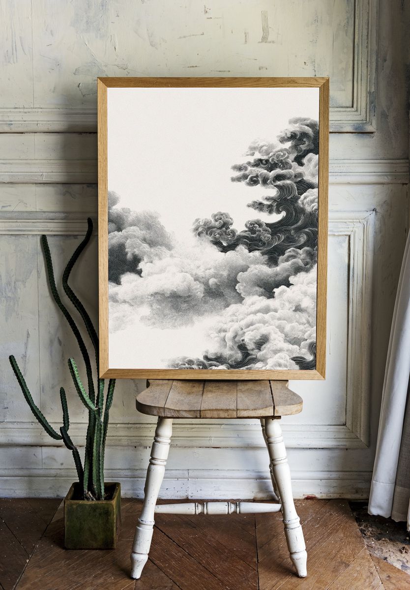 Monochrome Cloudscape Abstract Print. room preview
