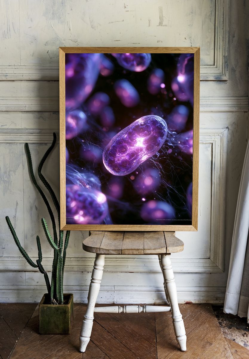 Glowing Purple Cells Abstract Print. room preview
