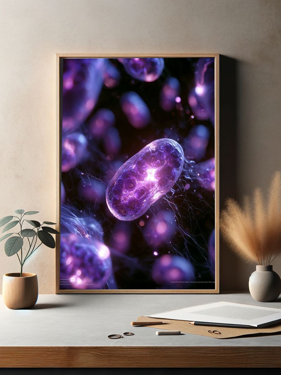 Glowing Purple Cells Abstract Print. — room view 2