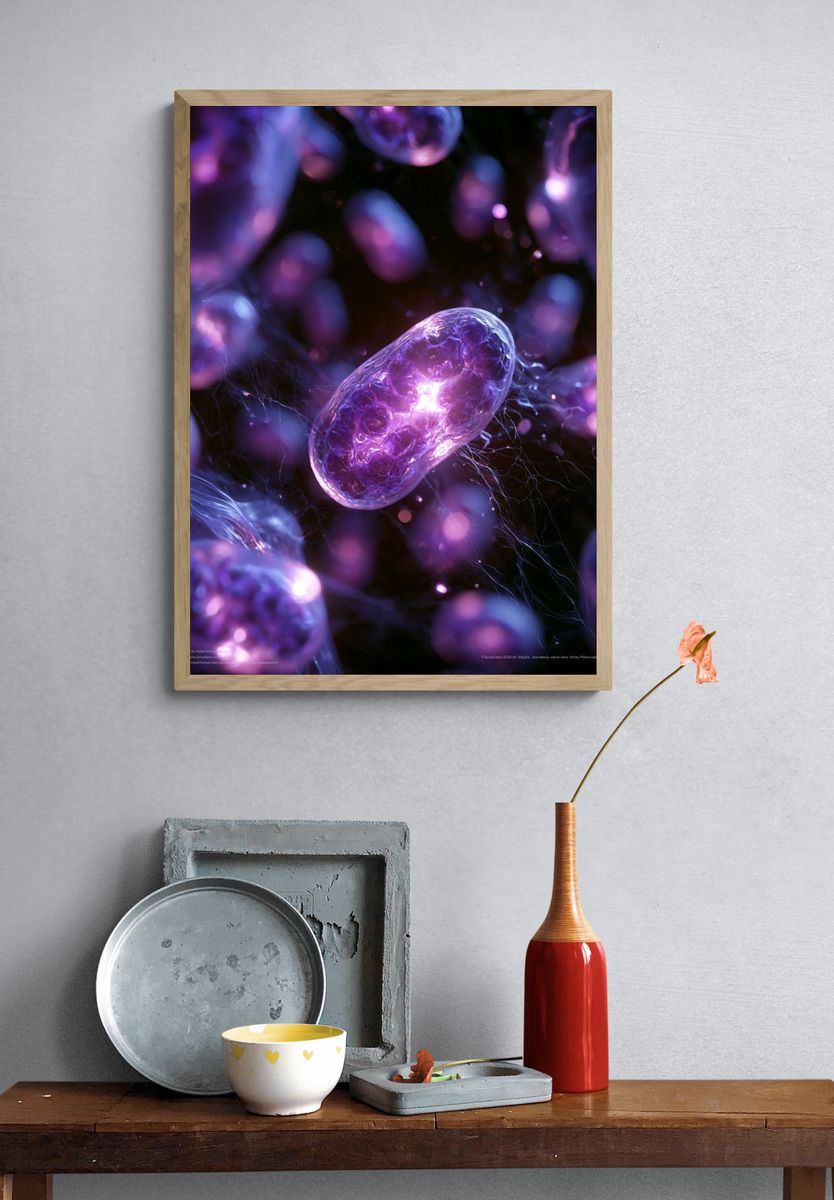 Glowing Purple Cells Abstract Print. — room view 3
