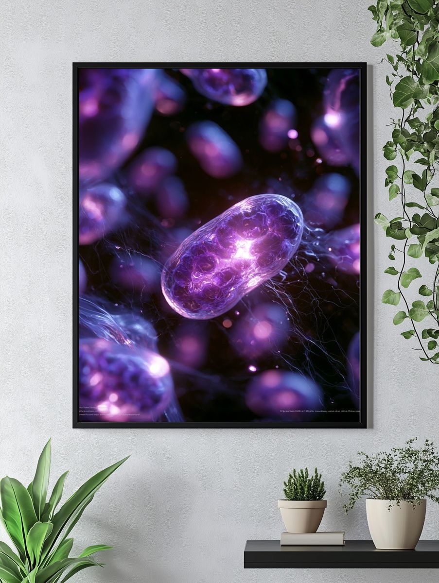 Glowing Purple Cells Abstract Print. — room view 4