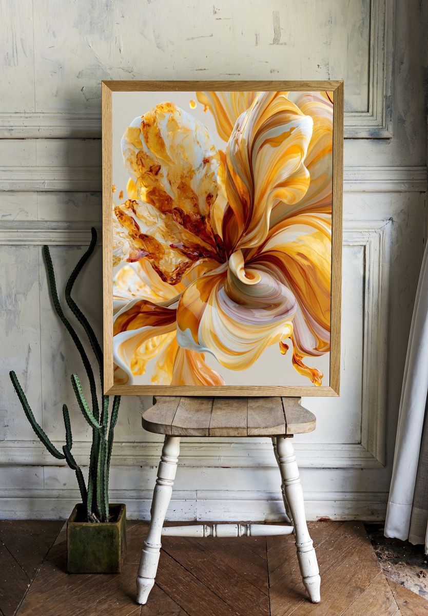Golden Petal Swirl Abstract Print. — room view 1