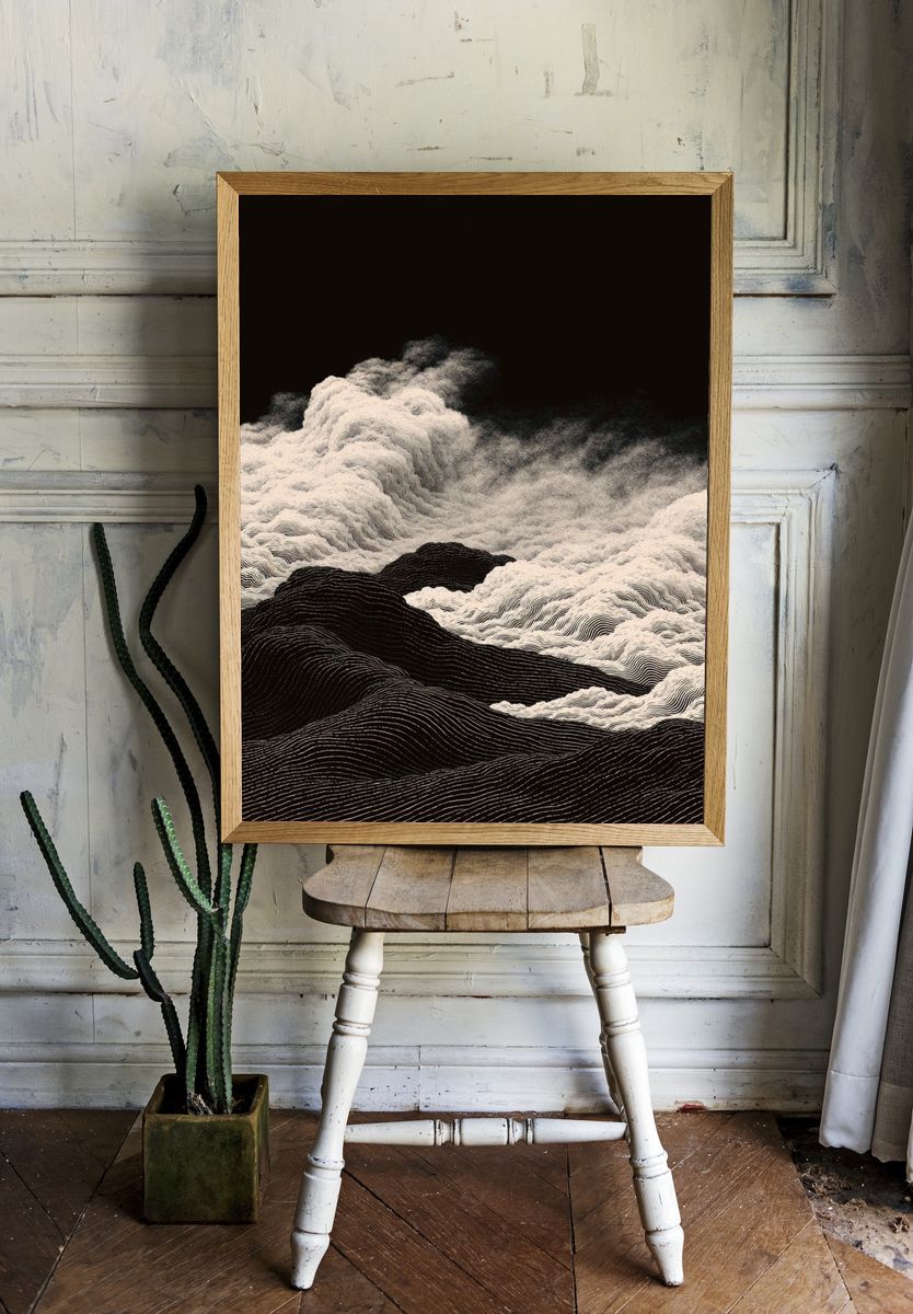 Monochrome Cloudscape Abstract Print. — room view 1