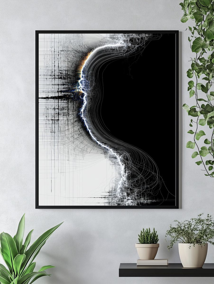 Monochrome Energy Flow Abstract Poster. — room view 4