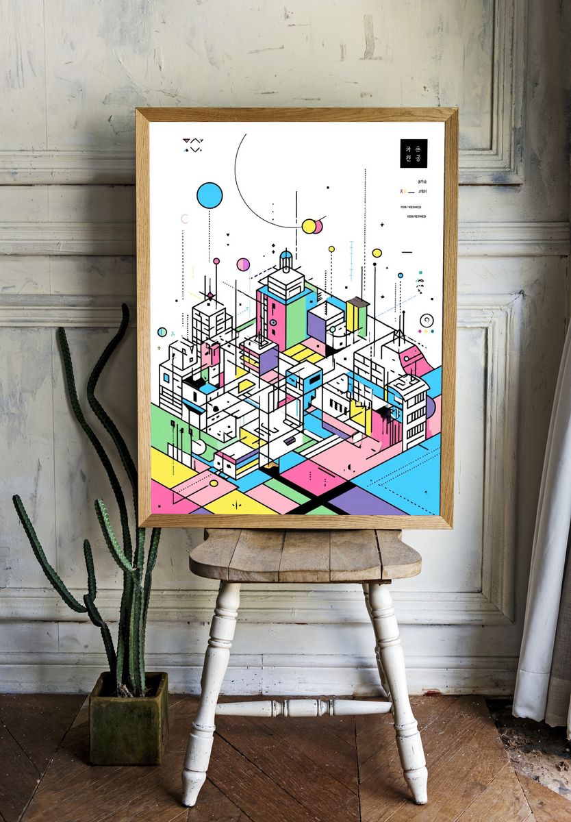 Neon Isometric City Abstract Poster room preview