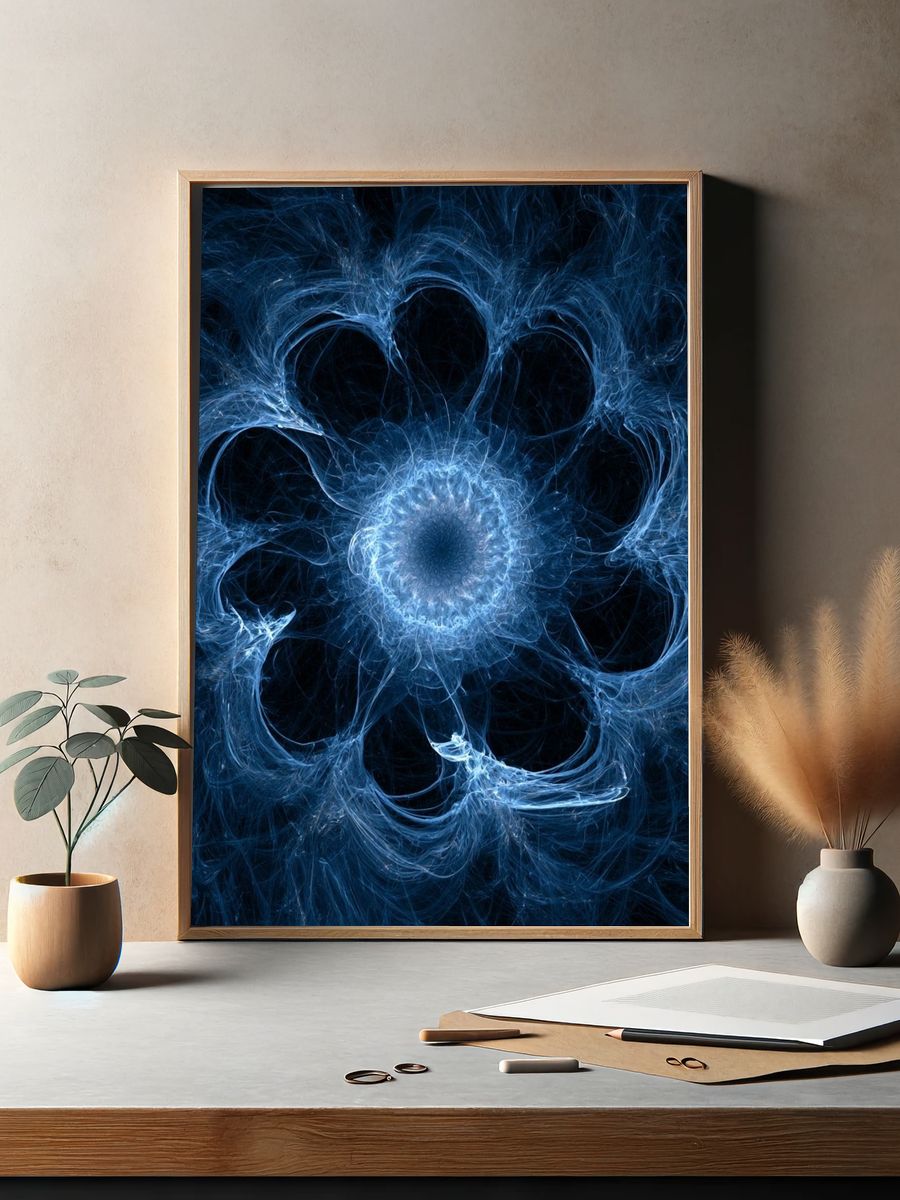 Blue Fractal Bloom Abstract Poster. — room view 2