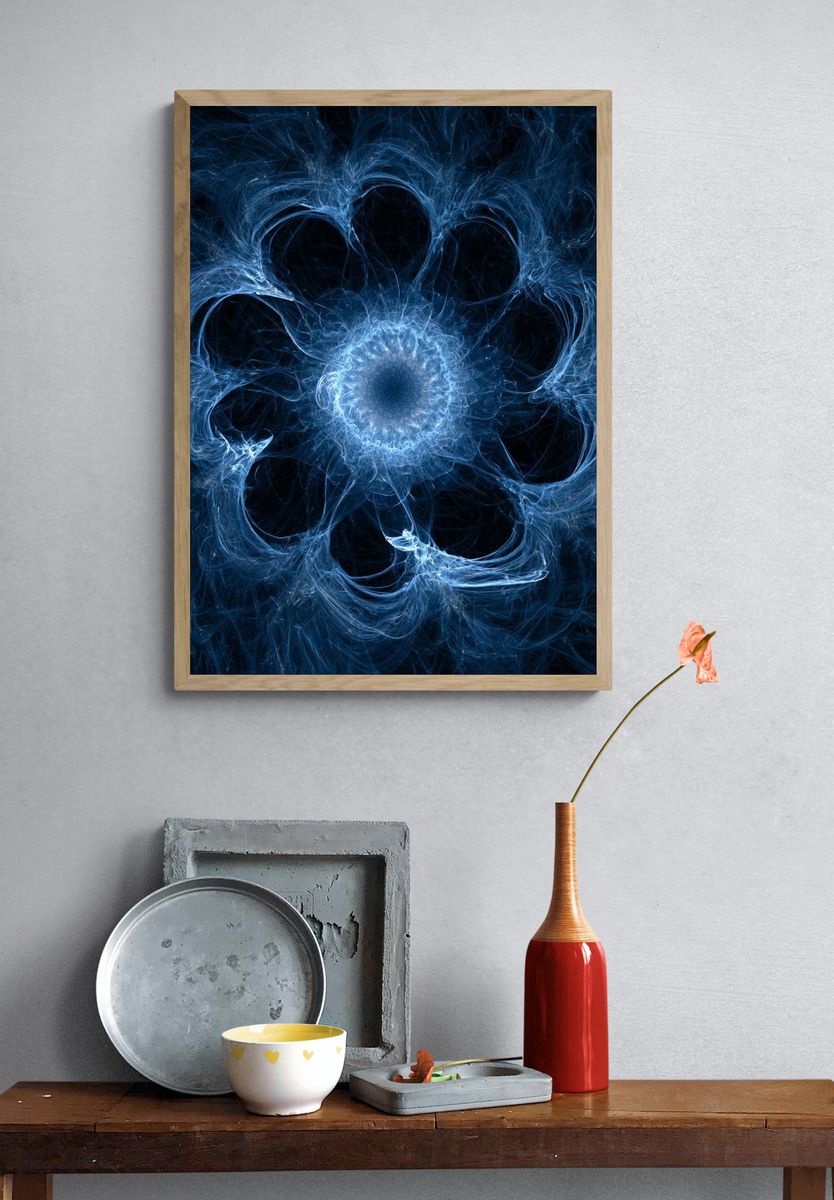 Blue Fractal Bloom Abstract Poster. — room view 3