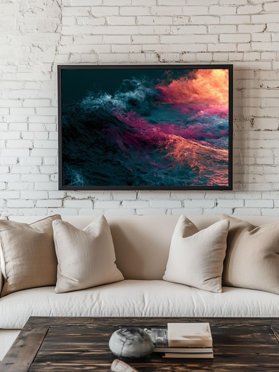 Neon Ocean Waves Abstract Poster. — room view 1