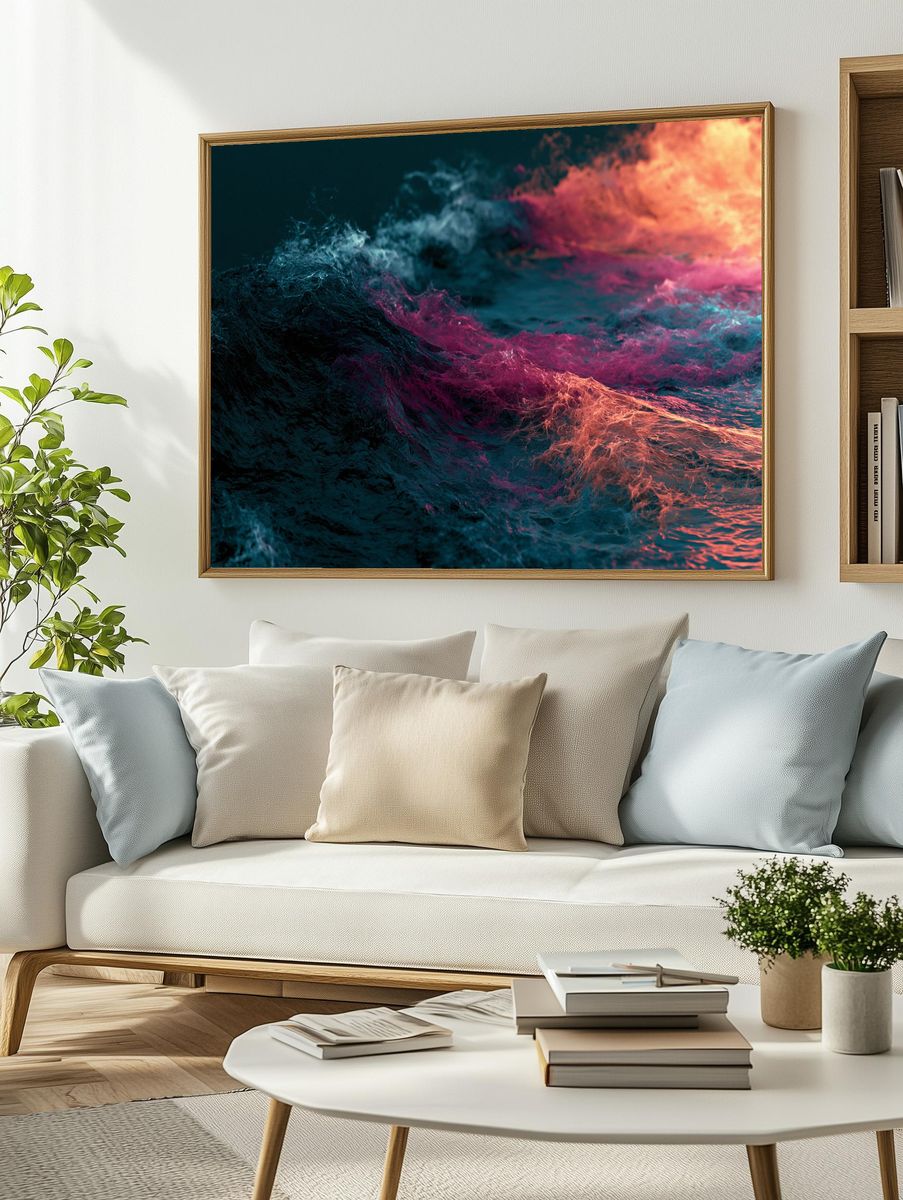 Neon Ocean Waves Abstract Poster. — room view 2