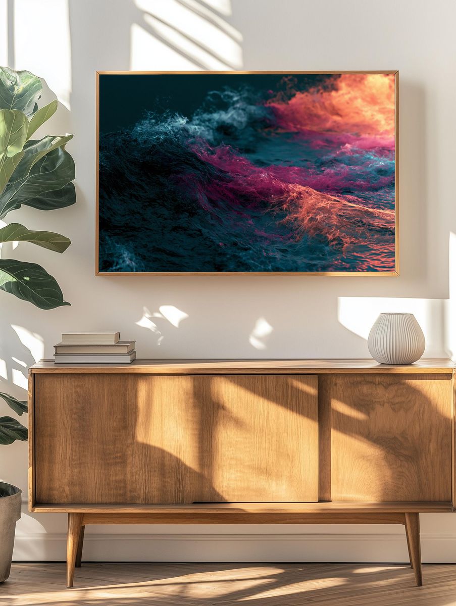Neon Ocean Waves Abstract Poster. — room view 3