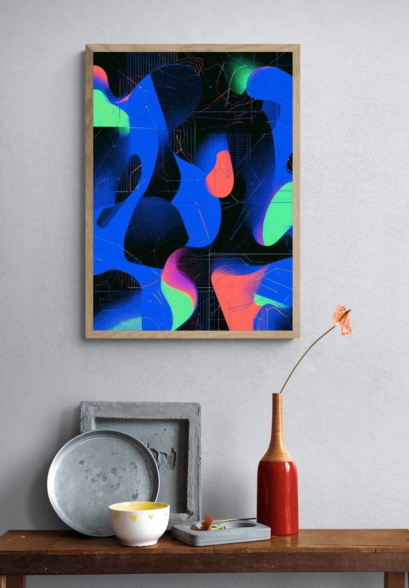 Neon Fluid Geometry Abstract Poster. — room view 3