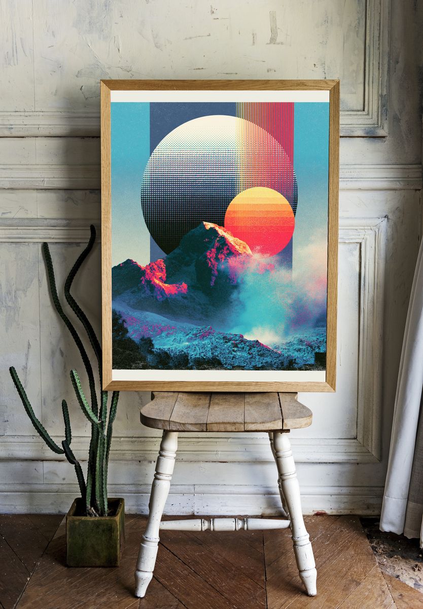 Neon Mountain Sunrise Abstract Print. — room view 1