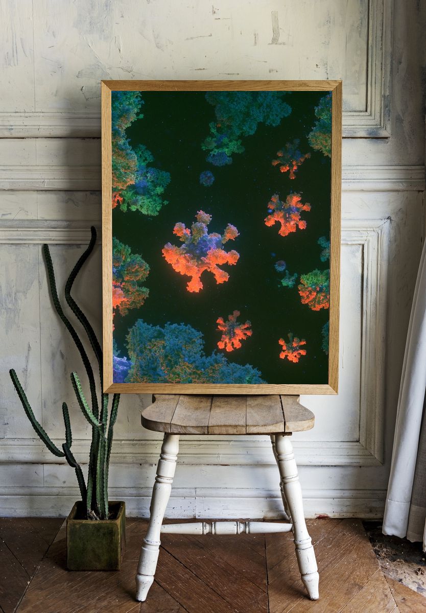 Neon Coral Bloom Abstract Poster. room preview