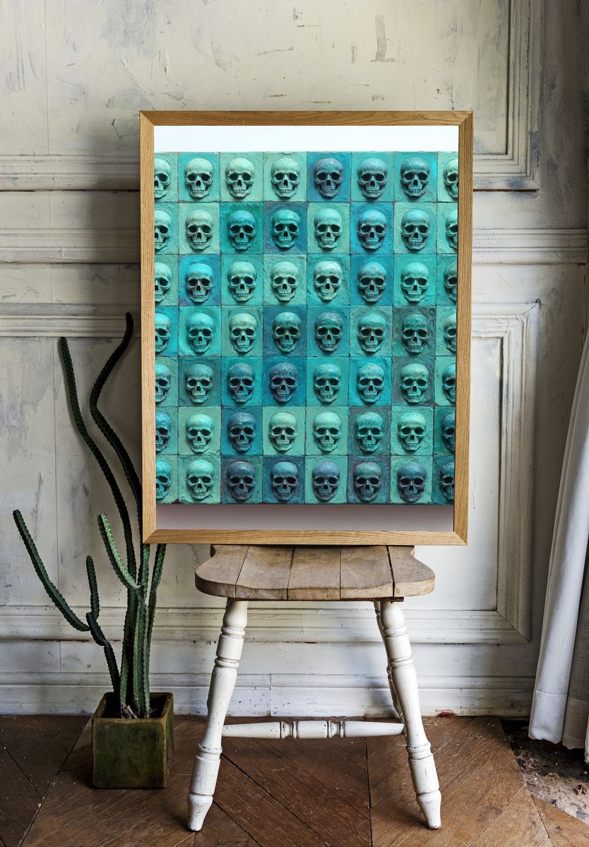 Turquoise Skull Grid Abstract Poster. room preview