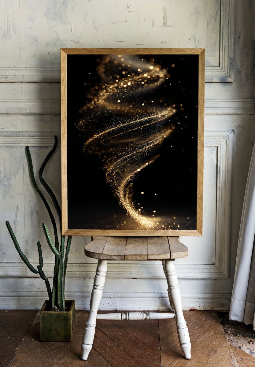 Golden Particle Spiral Abstract Poster. — room view 1