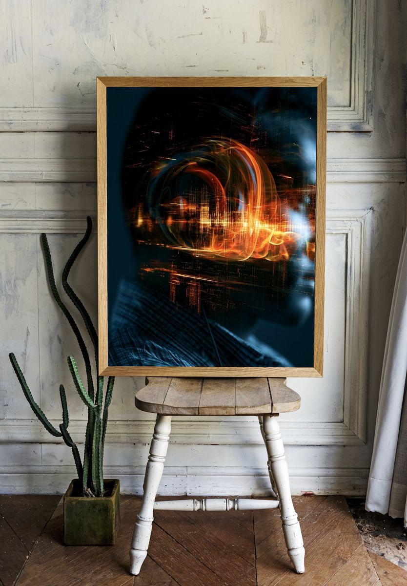 Neon Circuit Face Abstract Poster. — room view 1