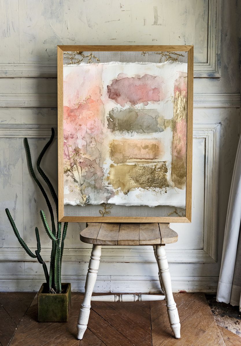 Blush Gold Watercolor Abstract Poster. room preview