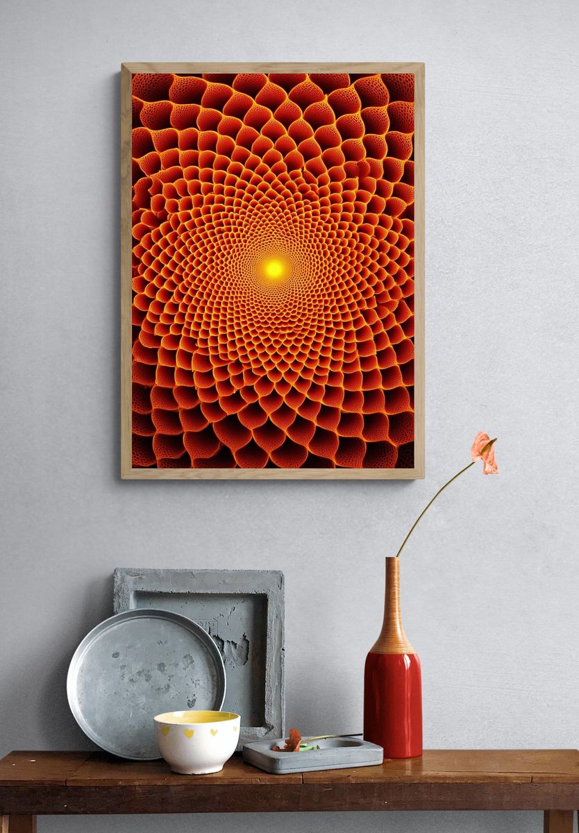Radiant Orange Spiral Abstract Poster. — room view 3
